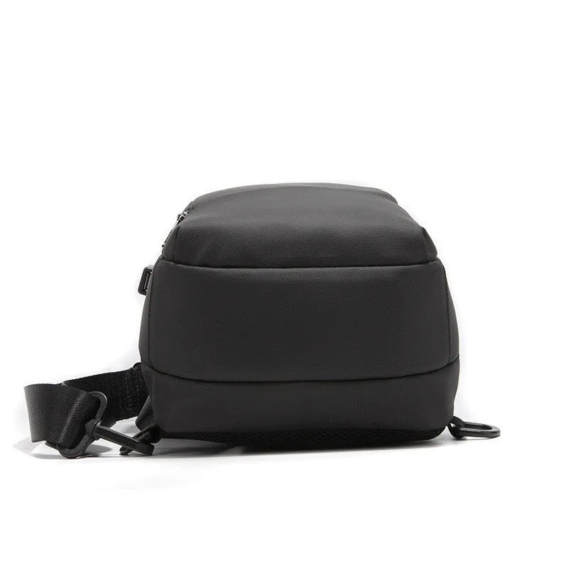 Black anti-theft lock chest bag with USB charging port, medium square shape, Polyamide fibre material