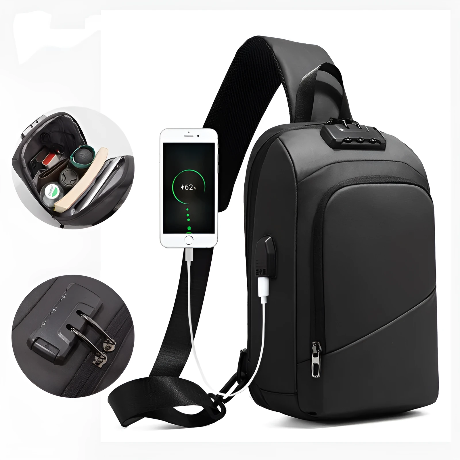 Black anti-theft lock chest bag with USB charging port, medium square shape, Polyamide fibre material