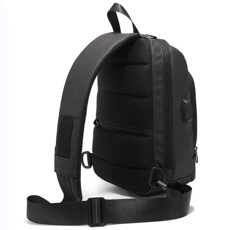 Black anti-theft lock chest bag with USB charging port, medium square shape, Polyamide fibre material