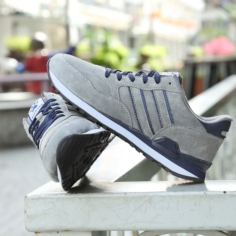 Blue leather sneakers for men with low-top design, pigskin upper, and rubber sole on a plain background