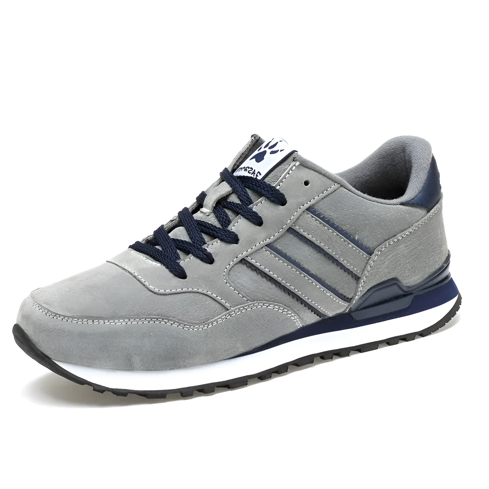 Blue leather sneakers for men with low-top design, pigskin upper, and rubber sole on a plain background