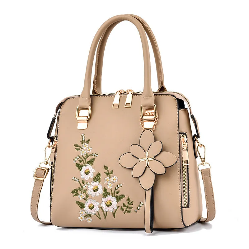 Large embroidered flower handbag for women in horizontal square shape with zipper closure and single strap