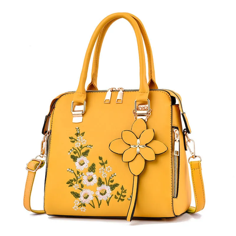 Large embroidered flower handbag for women in horizontal square shape with zipper closure and single strap