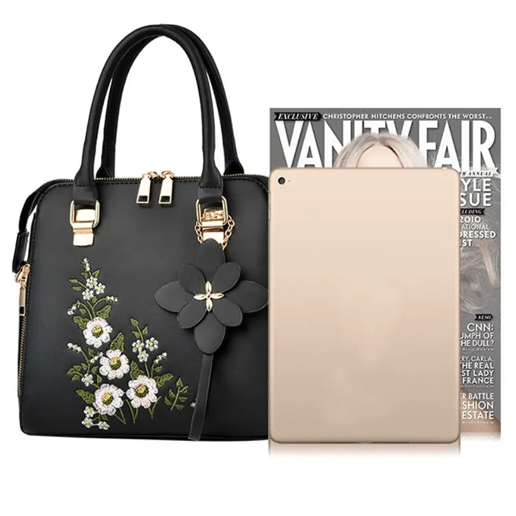 Large embroidered flower handbag for women in horizontal square shape with zipper closure and single strap