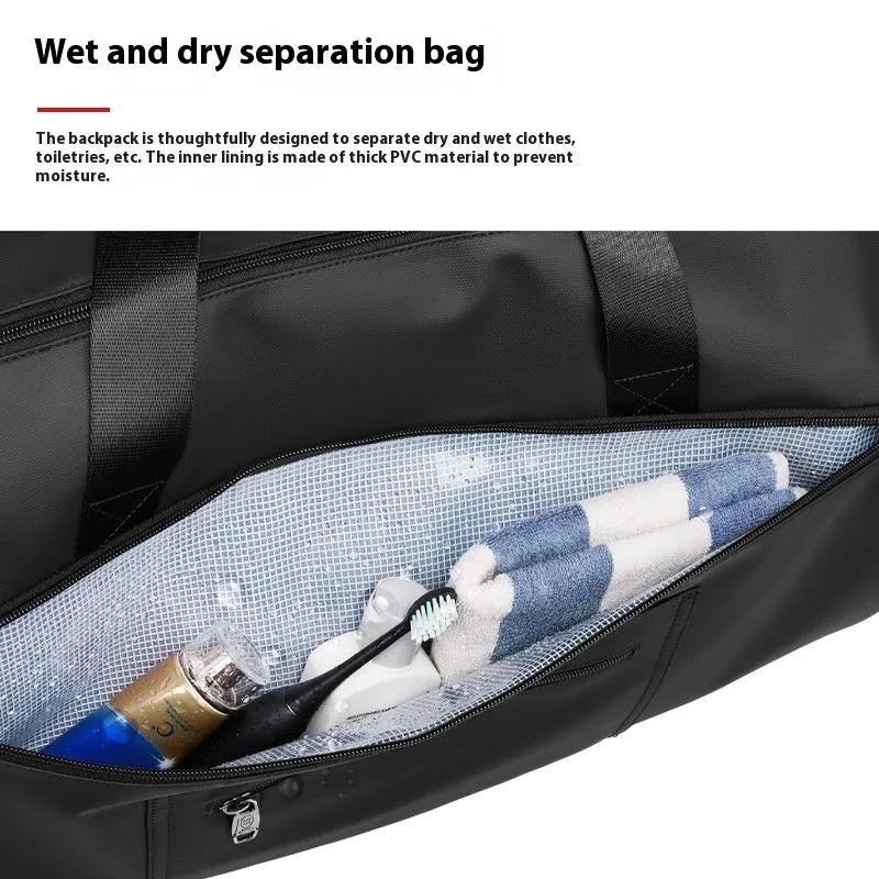 Black waterproof suit bag for men with shoe compartment, 45L capacity, folded flat on table