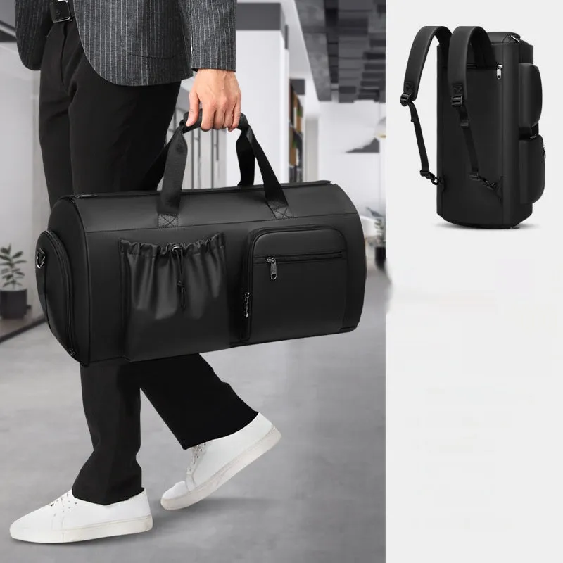 Black waterproof suit bag for men with shoe compartment, 45L capacity, folded flat on table