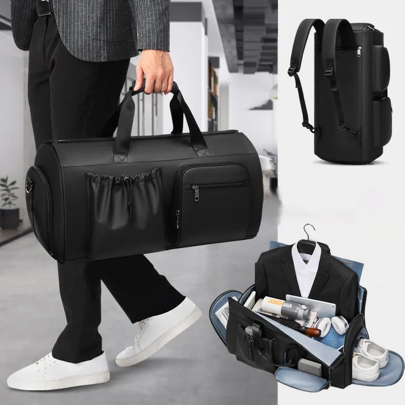 Black waterproof suit bag for men with shoe compartment, 45L capacity, folded flat on table