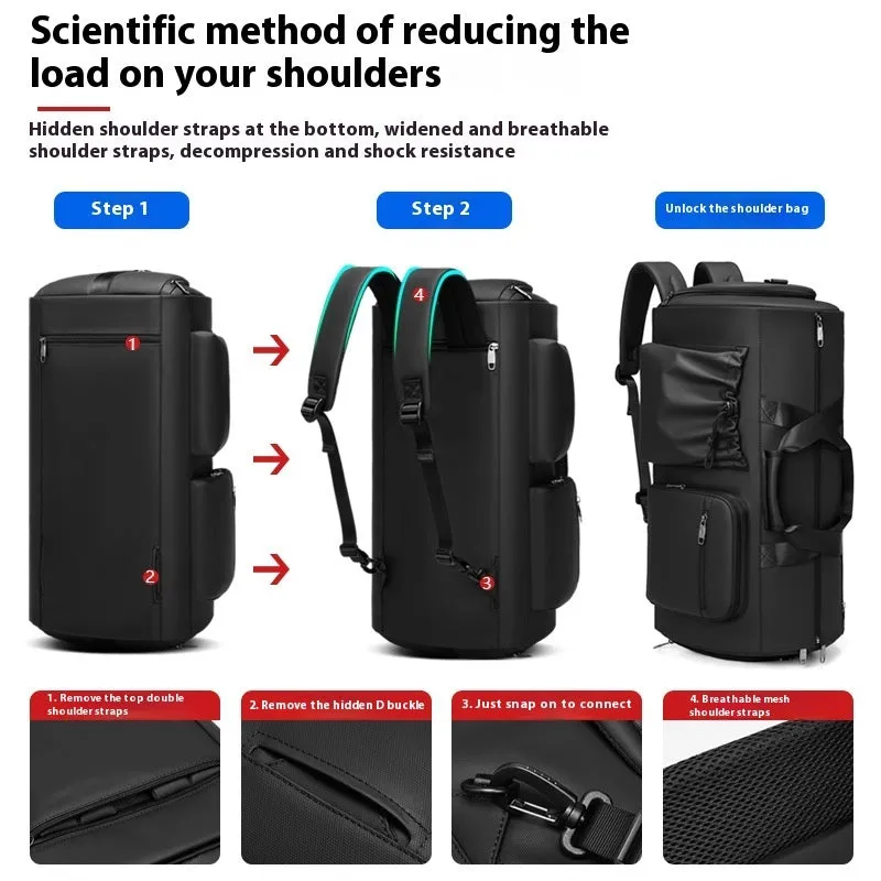 Black waterproof suit bag for men with shoe compartment, 45L capacity, folded flat on table