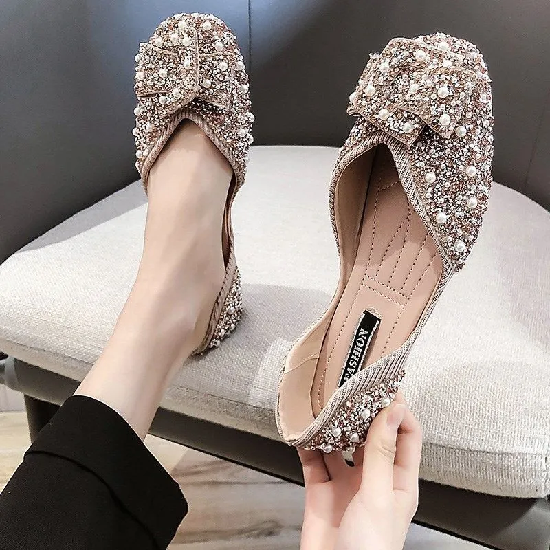 Large size women's flat shoes with beaded square toe in black, green, and pink, PU upper, spring casual footwear