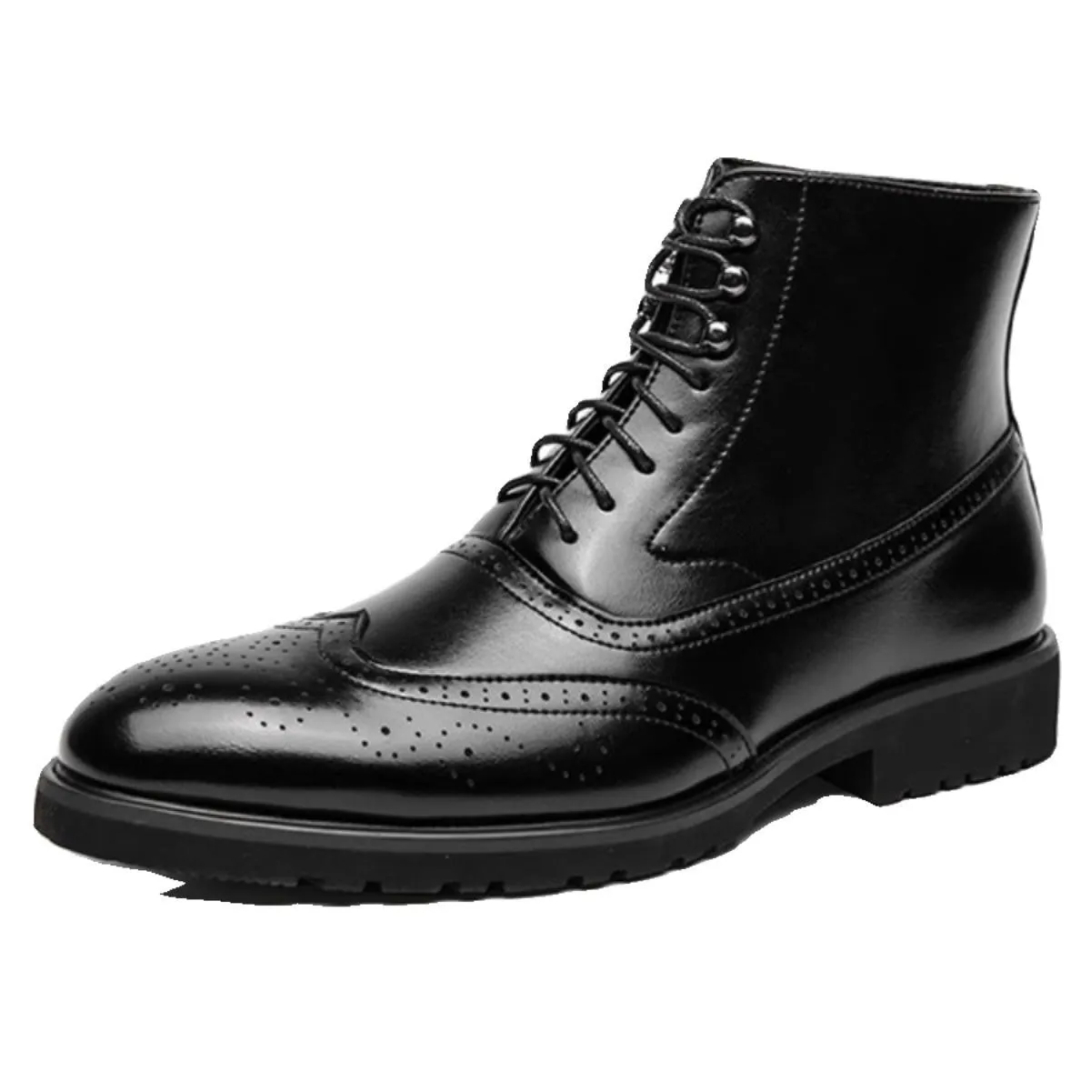 Men's mid top leather work shoes in black with thick sole and sturdy stitching
