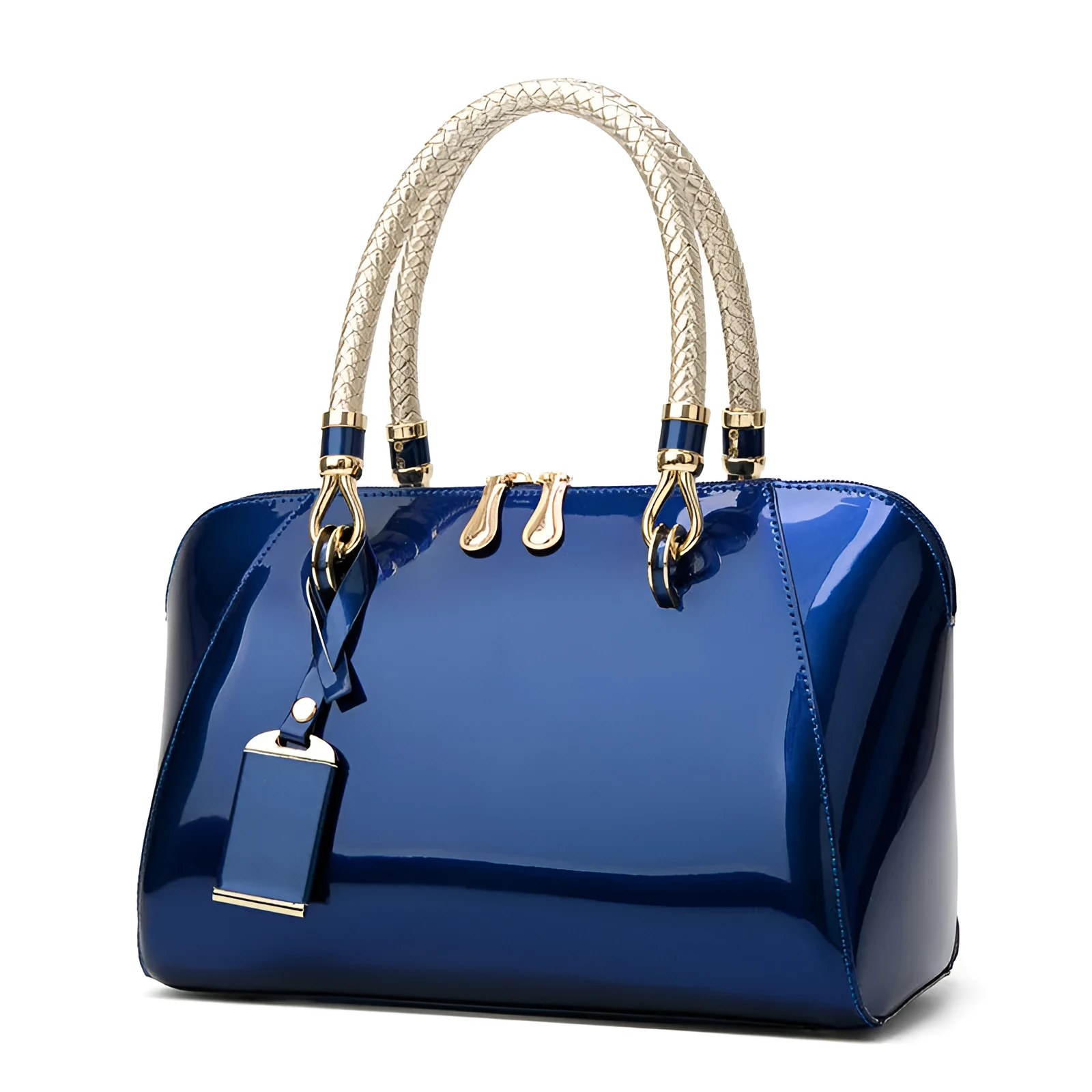 Patent leather shiny one-shoulder diagonal crossbody bag blue medium square vertical section with lock closure