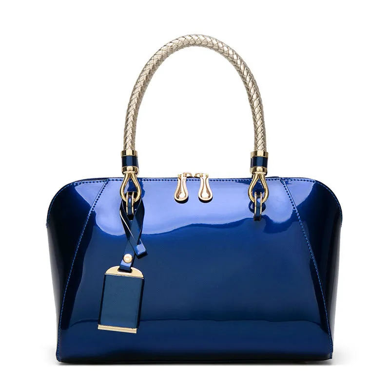 Patent leather shiny one-shoulder diagonal crossbody bag blue medium square vertical section with lock closure