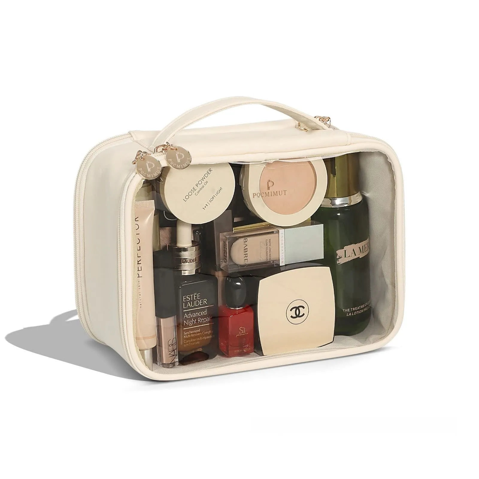 Transparent PVC leather cosmetic bag in Apricot colour with waterproof lining for travel storage.