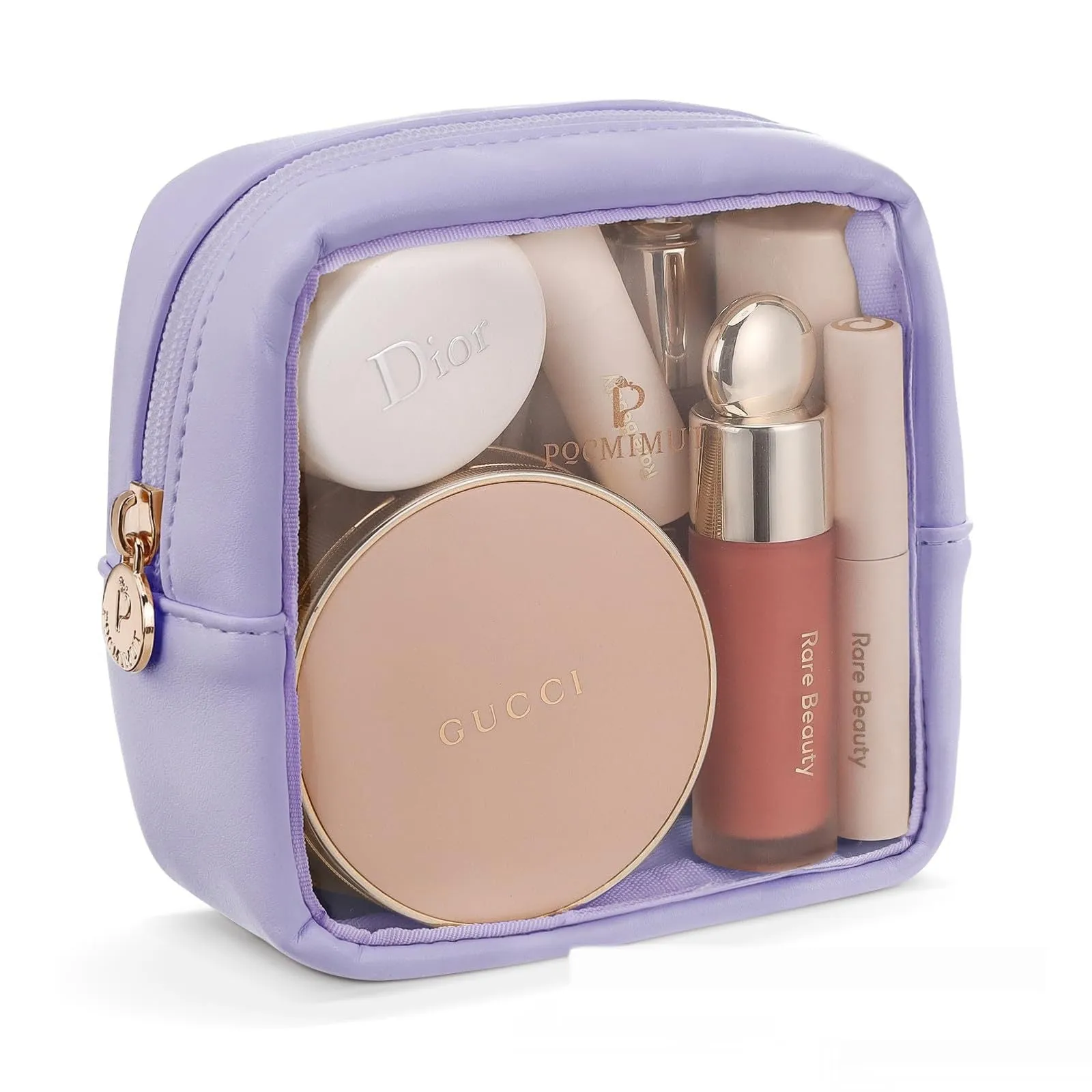 Transparent PVC leather cosmetic bag in Apricot colour with waterproof lining for travel storage.