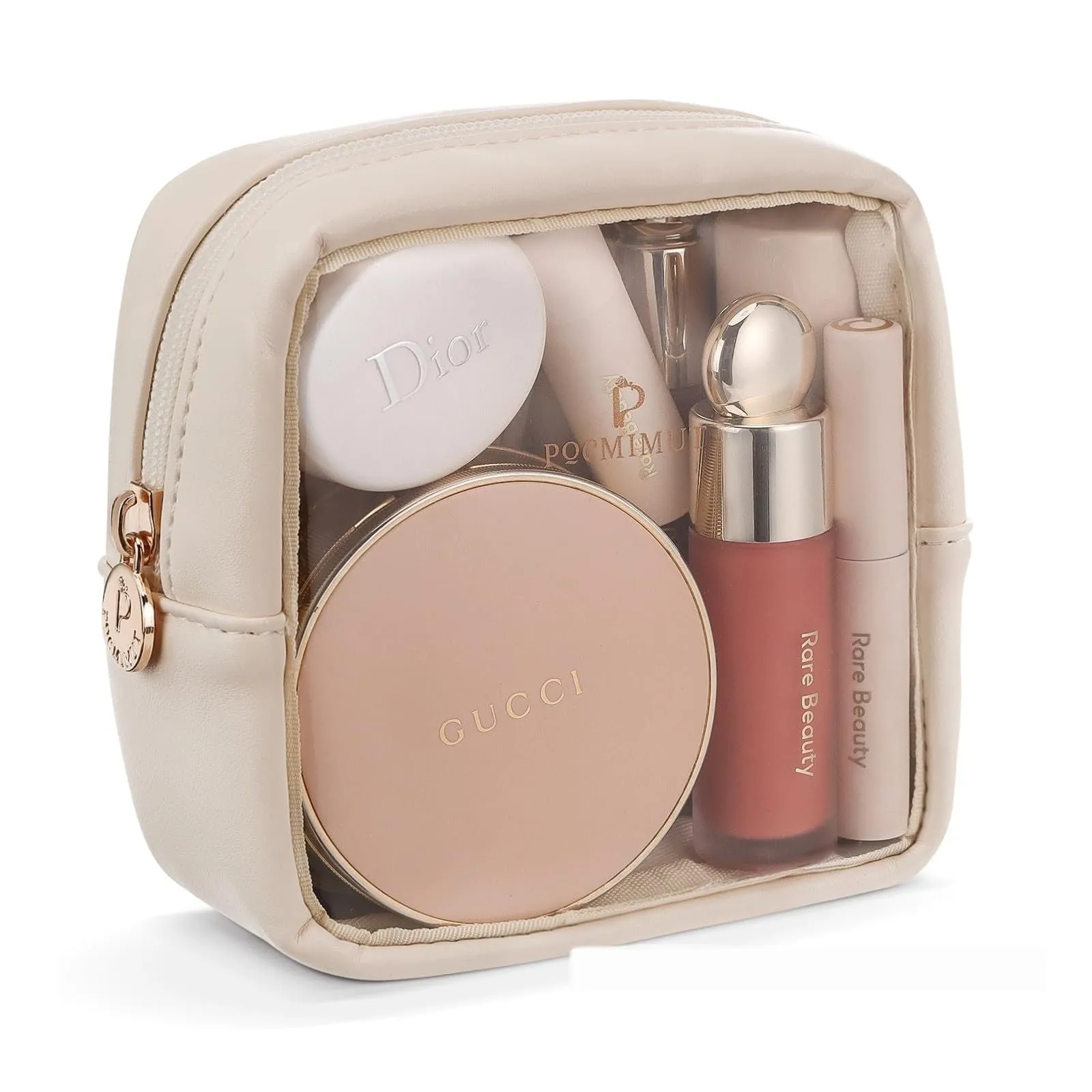 Transparent PVC leather cosmetic bag in Apricot colour with waterproof lining for travel storage.