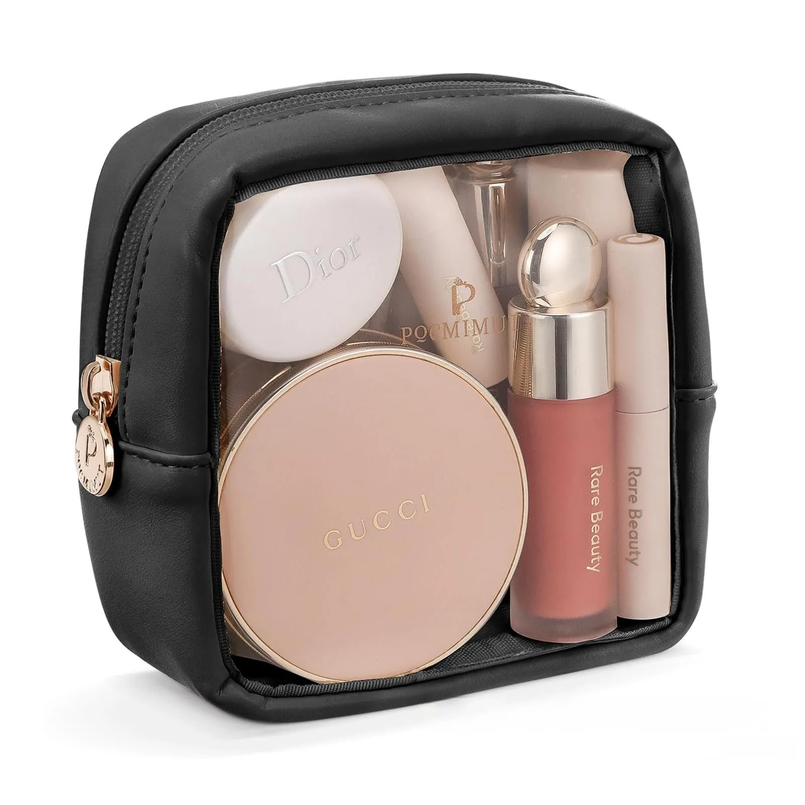 Transparent PVC leather cosmetic bag in Apricot colour with waterproof lining for travel storage.