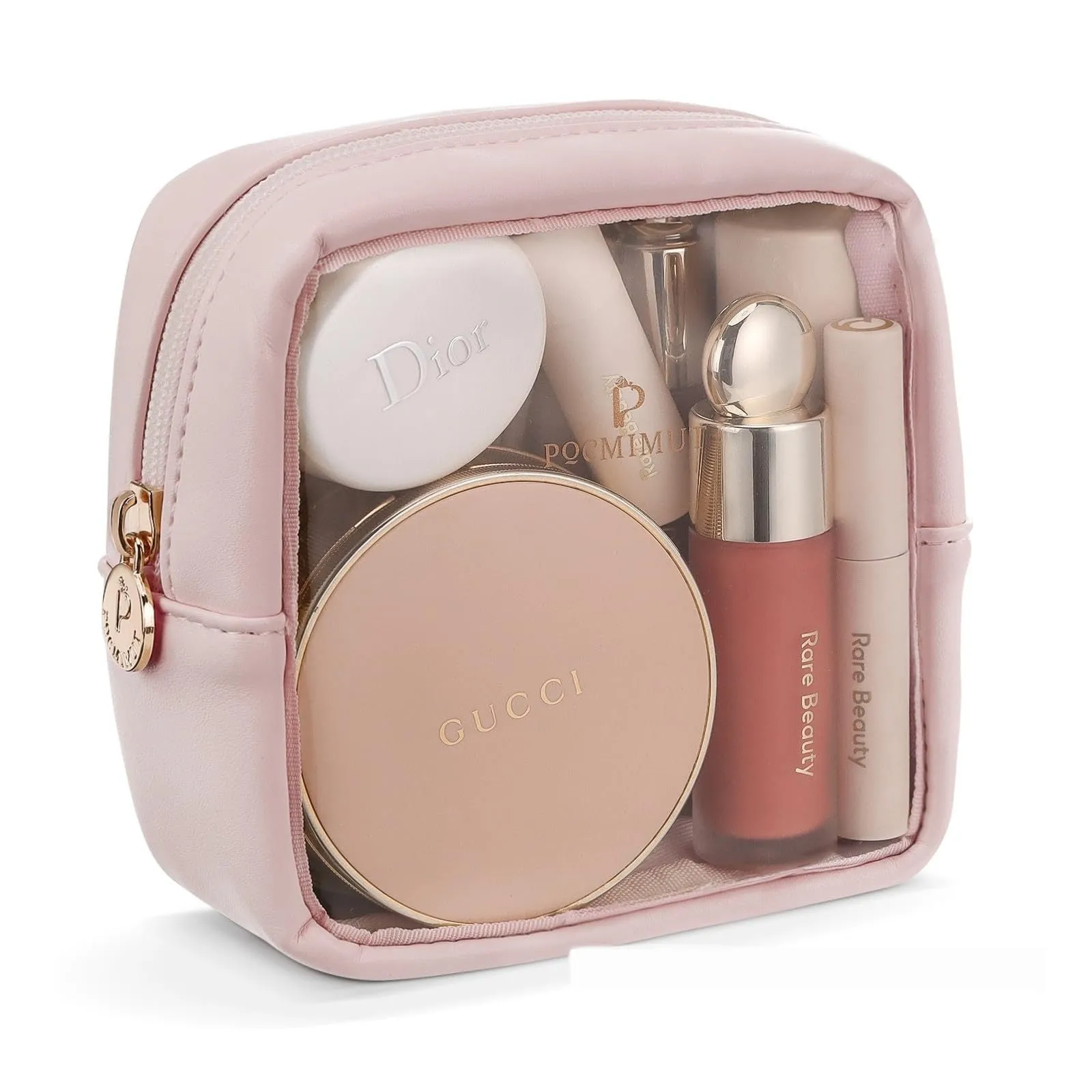 Transparent PVC leather cosmetic bag in Apricot colour with waterproof lining for travel storage.