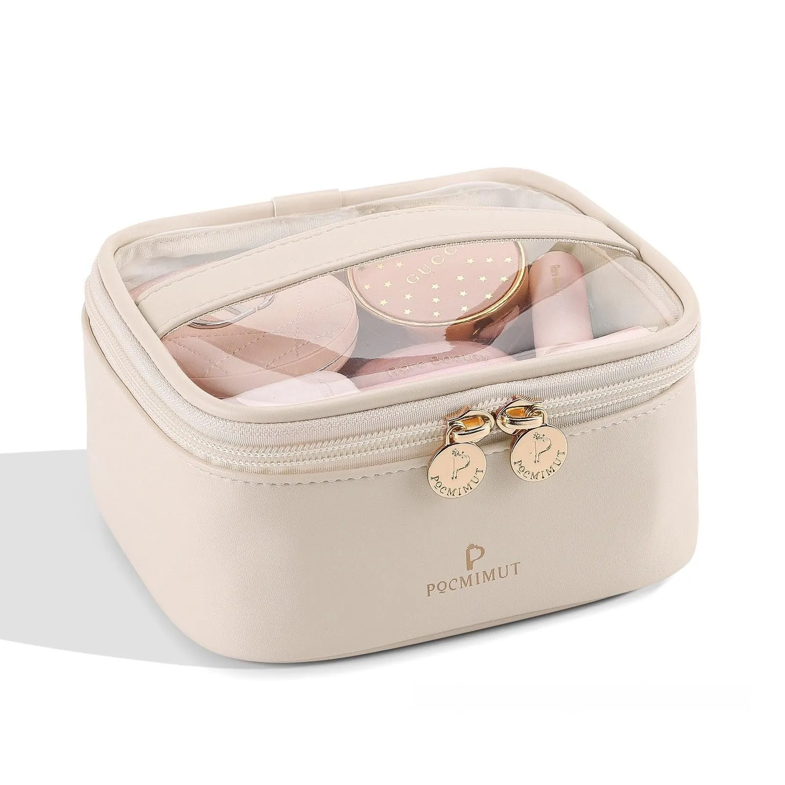 Transparent PVC leather cosmetic bag in Apricot colour with waterproof lining for travel storage.