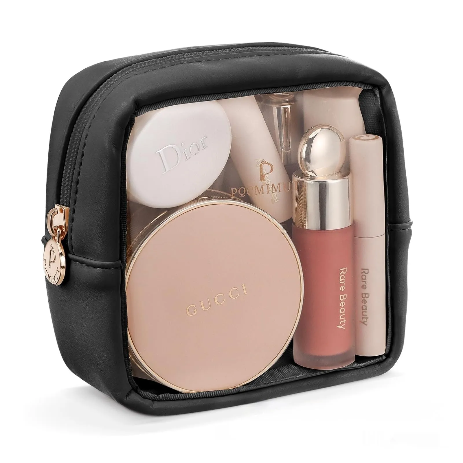 Transparent PVC leather cosmetic bag in Apricot colour with waterproof lining for travel storage.