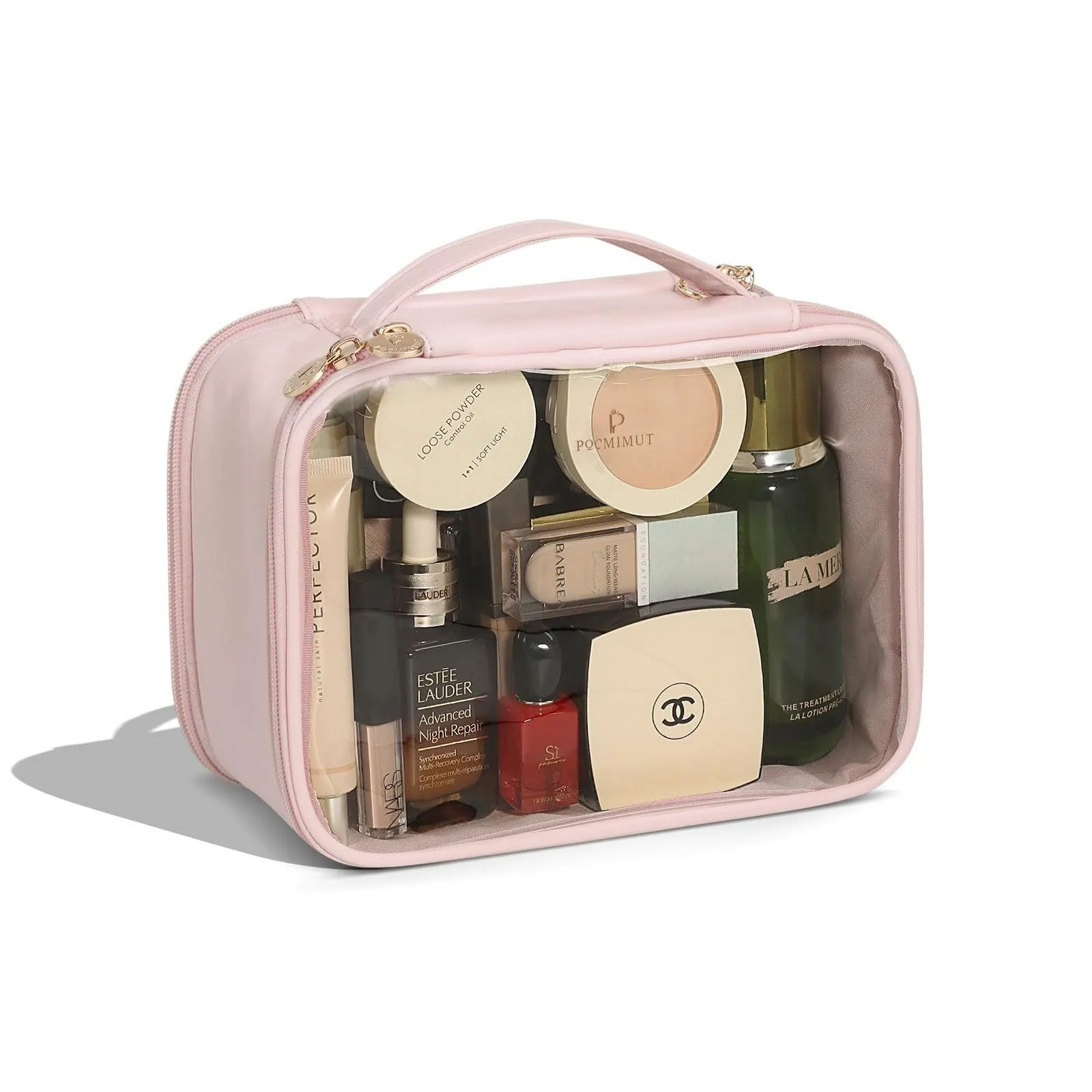Transparent PVC leather cosmetic bag in Apricot colour with waterproof lining for travel storage.