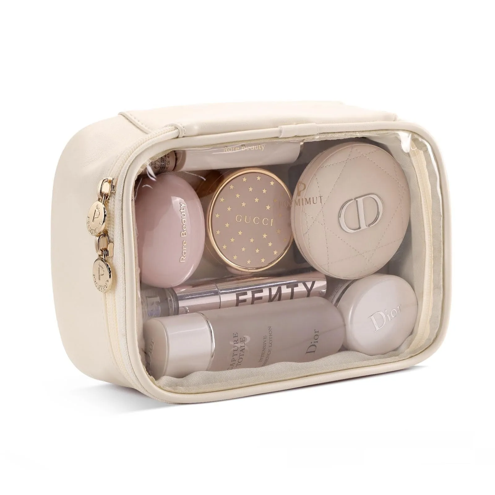 Transparent PVC leather cosmetic bag in Apricot colour with waterproof lining for travel storage.