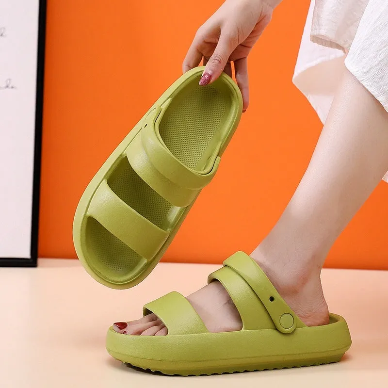 Adjustable unisex EVA sandals with 3cm thick bottom in beige on outdoor surface