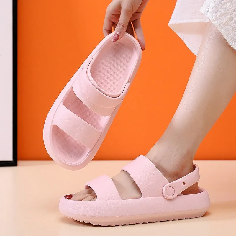 Adjustable unisex EVA sandals with 3cm thick bottom in beige on outdoor surface