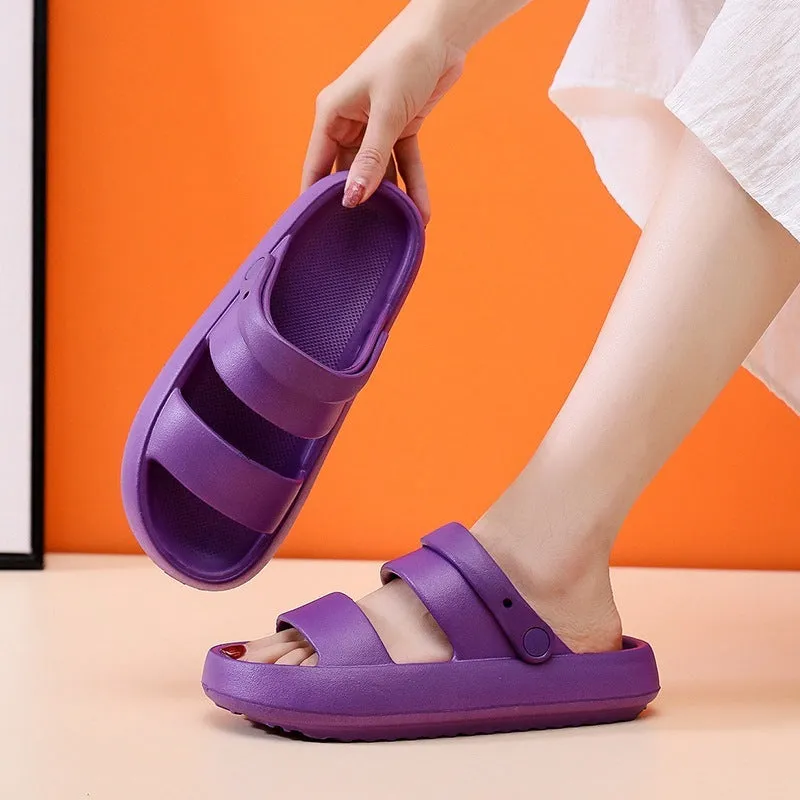 Adjustable unisex EVA sandals with 3cm thick bottom in beige on outdoor surface