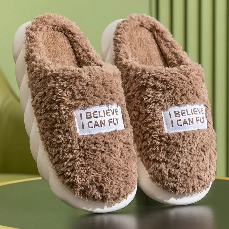 Warm plush slippers with faux fur lining and PVC sole in brown, a unisex home shoe for winter