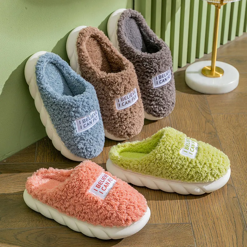 Warm plush slippers with faux fur lining and PVC sole in brown, a unisex home shoe for winter