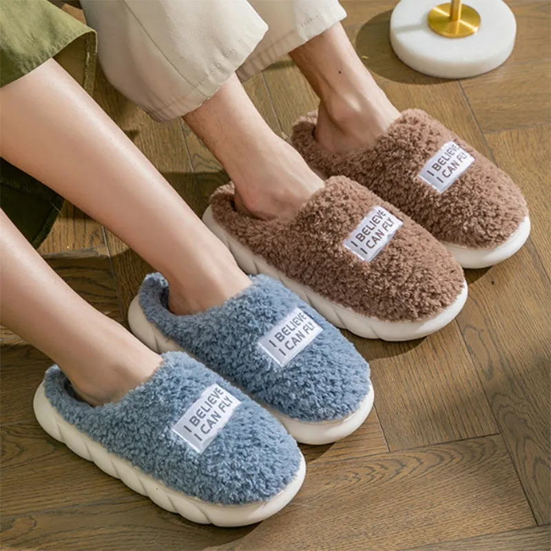 Warm plush slippers with faux fur lining and PVC sole in brown, a unisex home shoe for winter