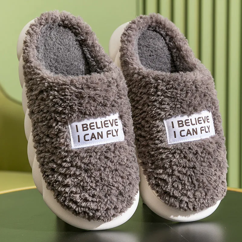 Warm plush slippers with faux fur lining and PVC sole in brown, a unisex home shoe for winter