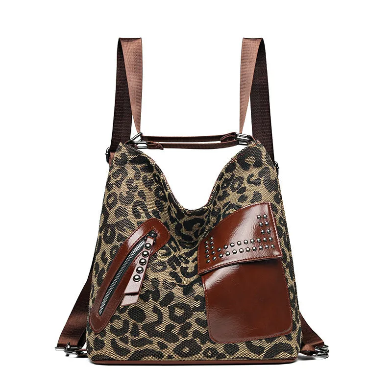 Medium houndstooth nylon backpack for women with rivet design and zipper opening in Leopard Pattern