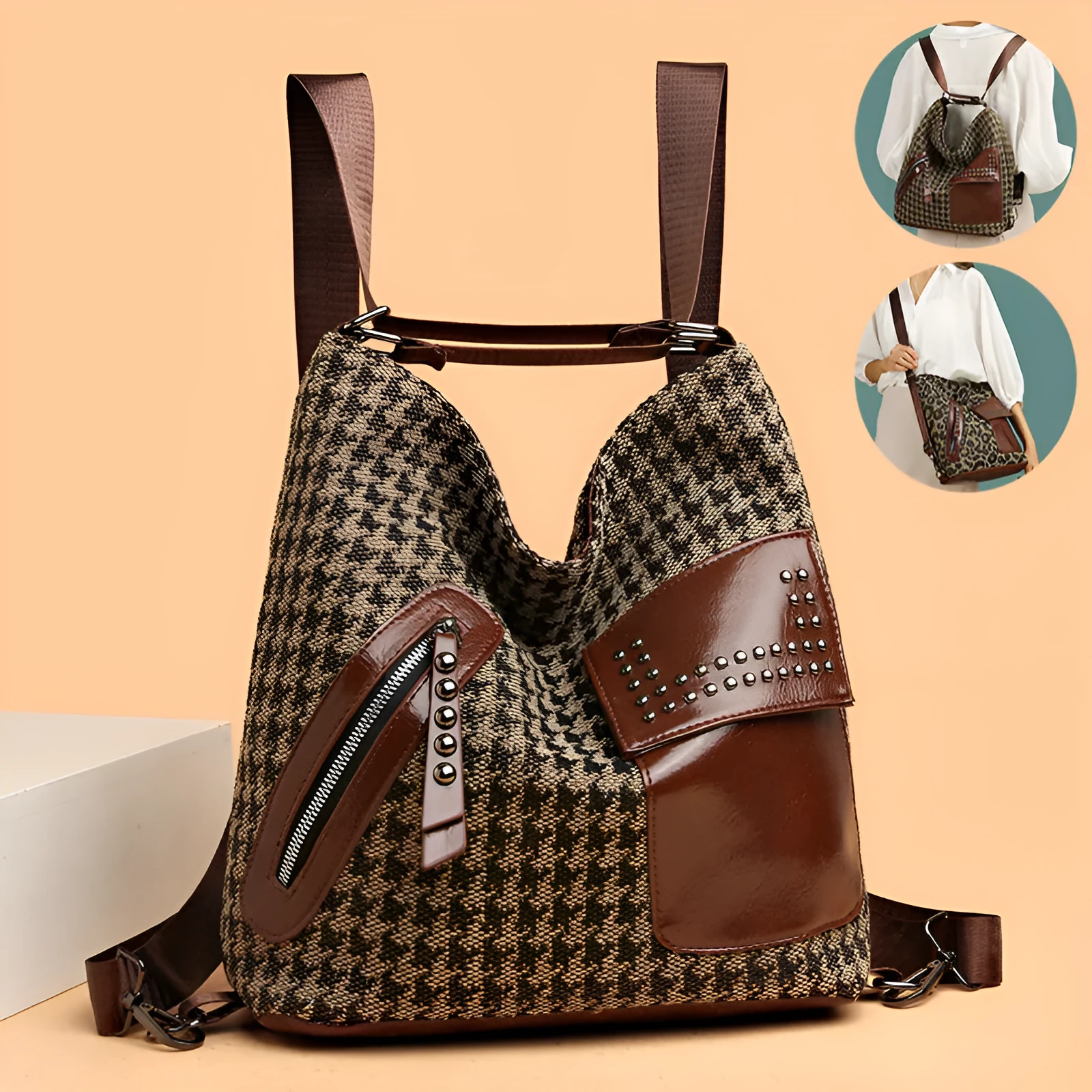 Medium houndstooth nylon backpack for women with rivet design and zipper opening in Leopard Pattern