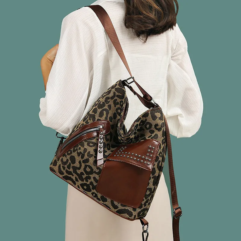 Medium houndstooth nylon backpack for women with rivet design and zipper opening in Leopard Pattern