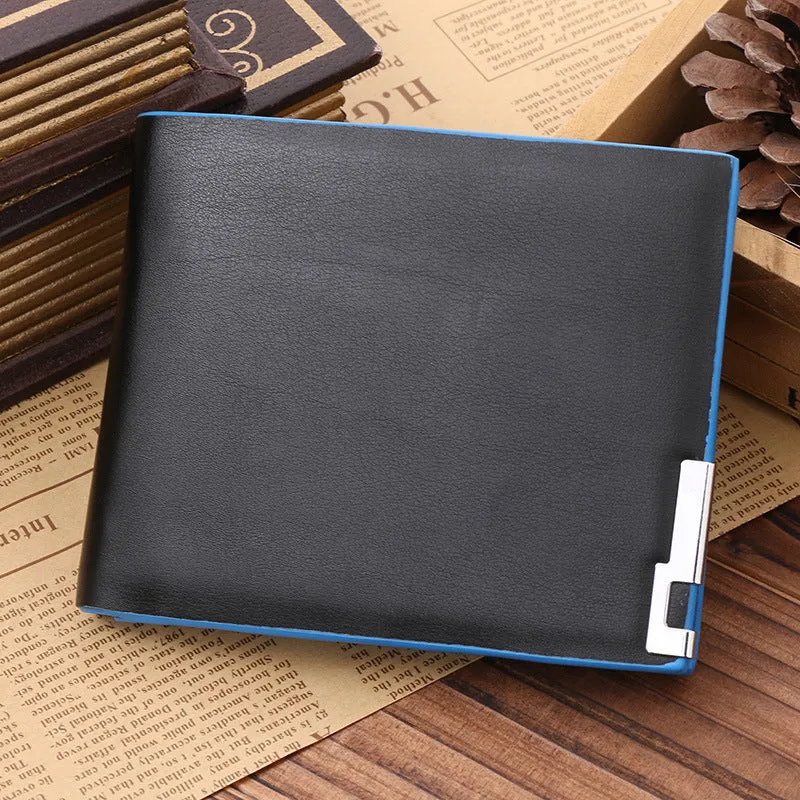 Man wallet in black PU leather with blue edge, showing card slots and bill compartments