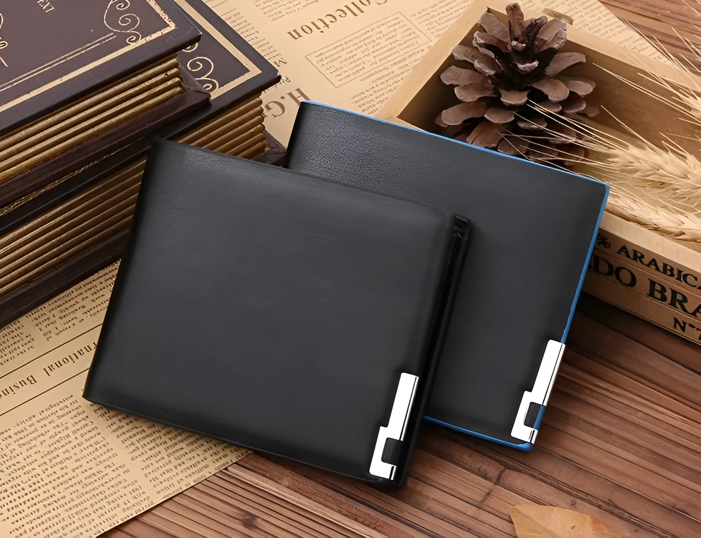 Man wallet in black PU leather with blue edge, showing card slots and bill compartments