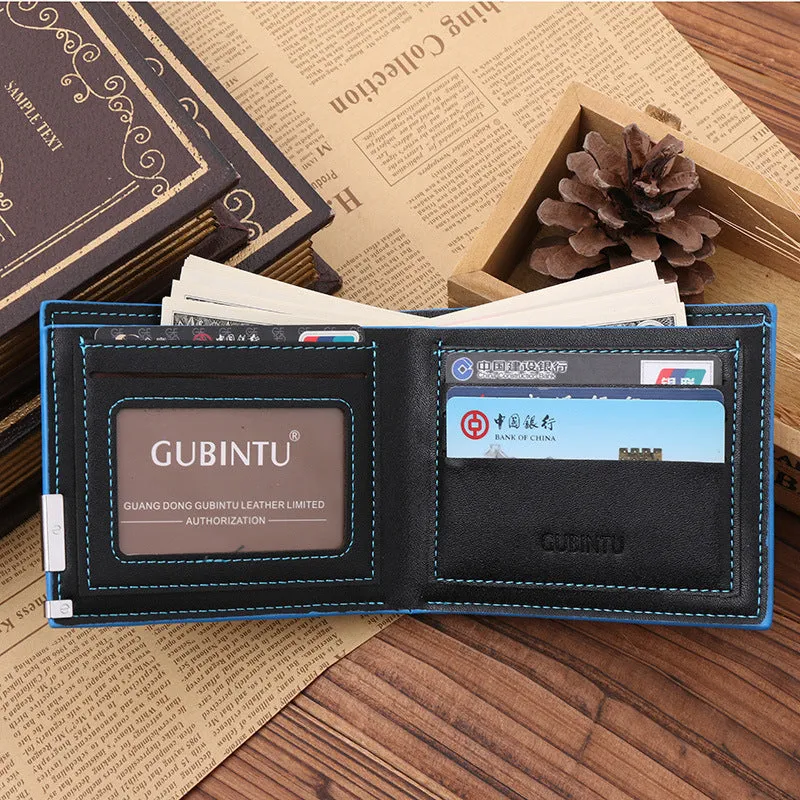 Man wallet in black PU leather with blue edge, showing card slots and bill compartments