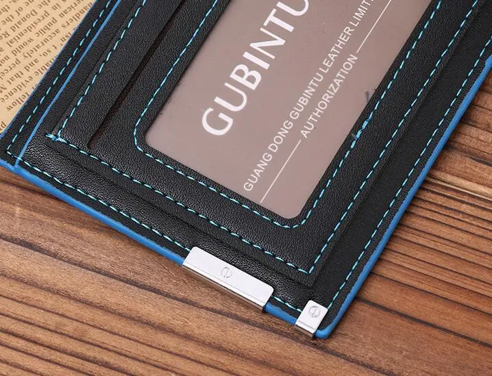 Man wallet in black PU leather with blue edge, showing card slots and bill compartments