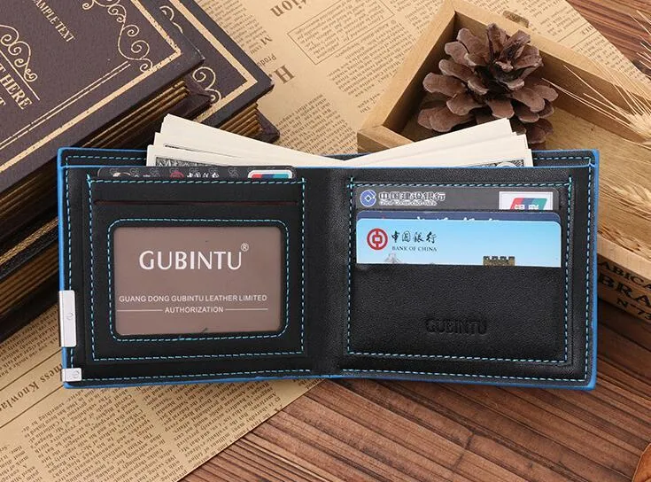 Man wallet in black PU leather with blue edge, showing card slots and bill compartments
