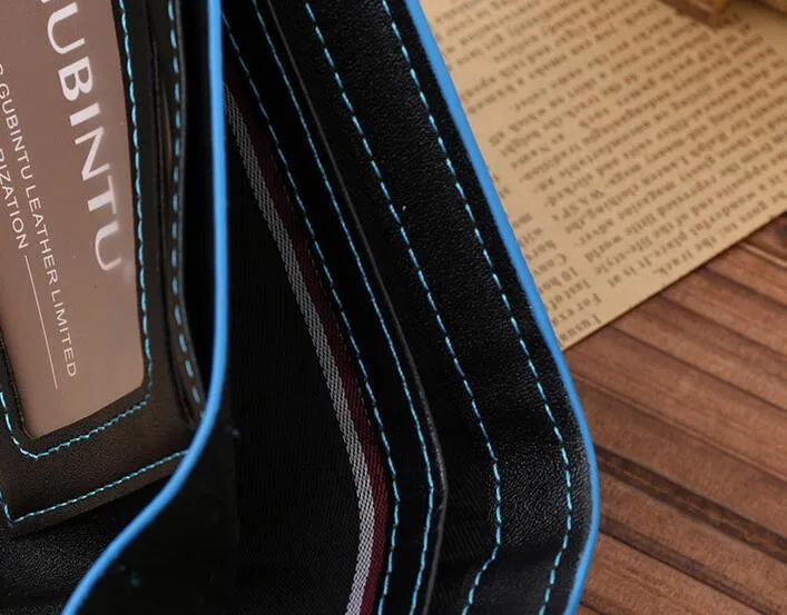 Man wallet in black PU leather with blue edge, showing card slots and bill compartments