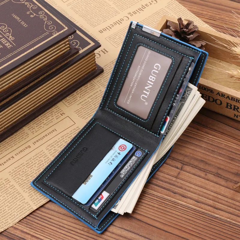 Man wallet in black PU leather with blue edge, showing card slots and bill compartments