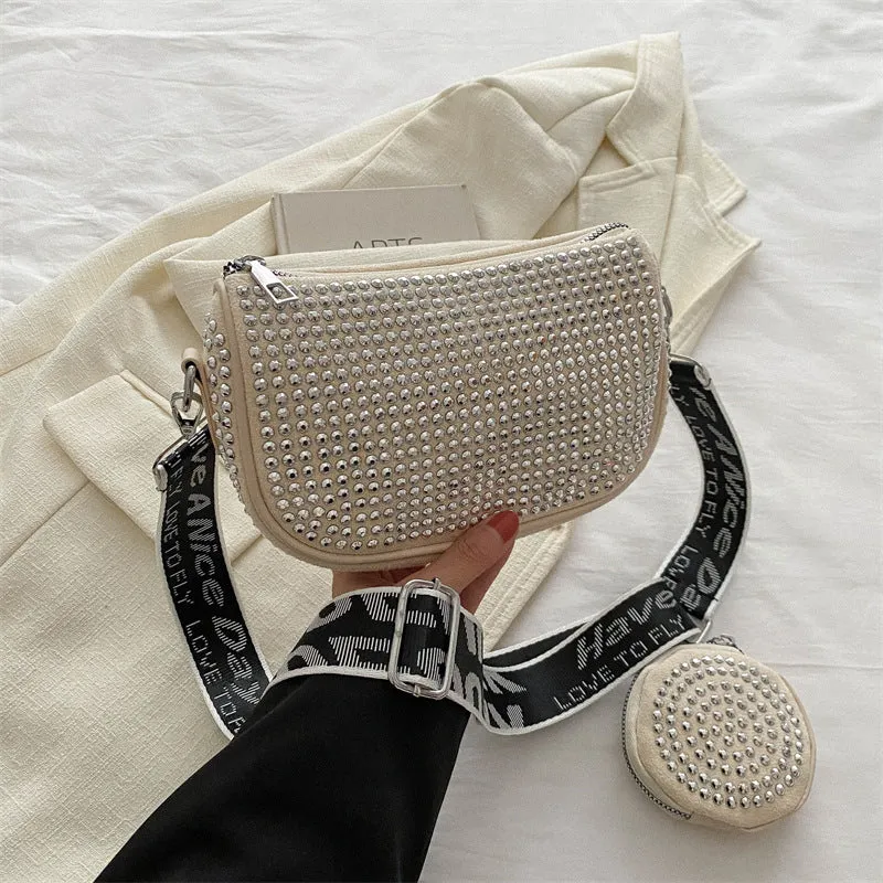Rhinestone shoulder bag with small purse in black Oxford cloth for women