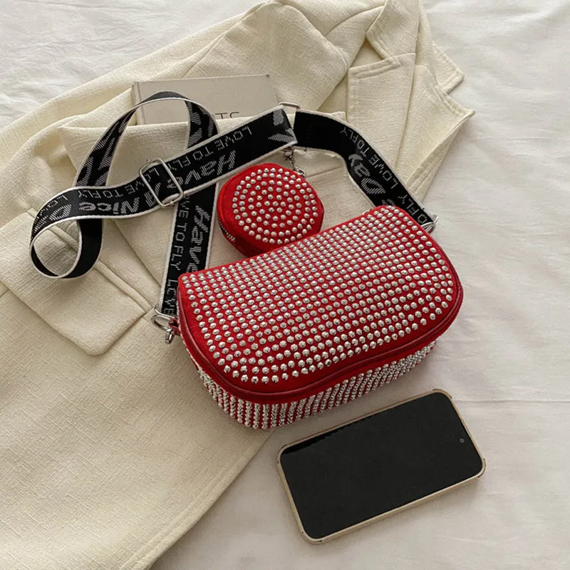 Rhinestone shoulder bag with small purse in black Oxford cloth for women
