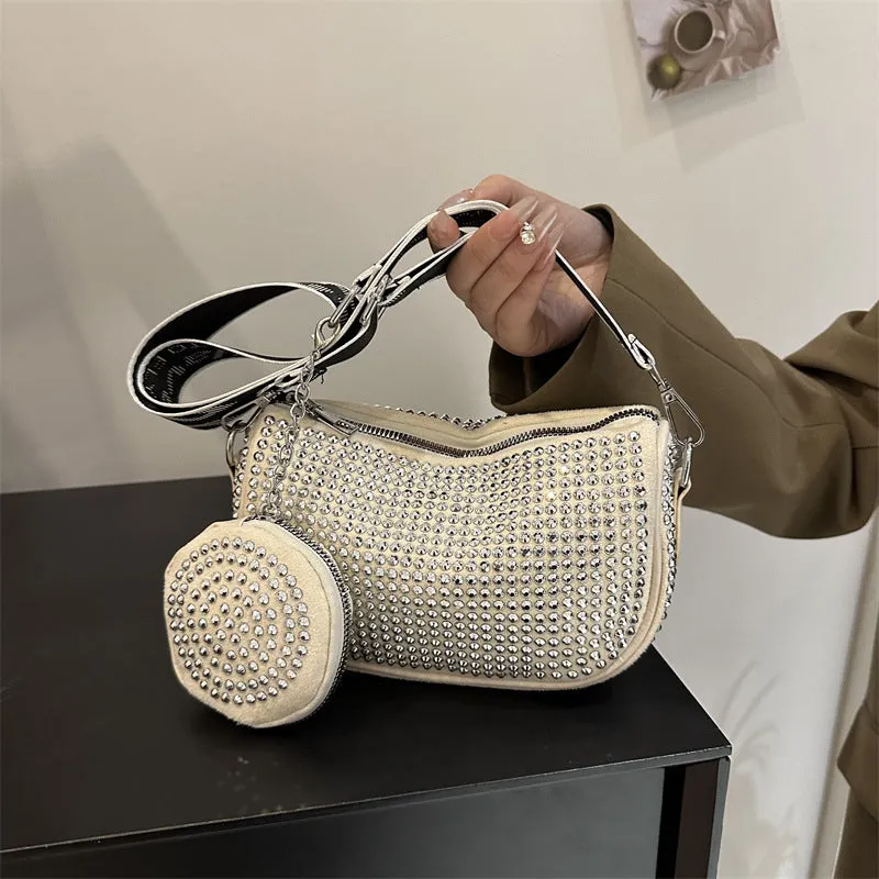 Rhinestone shoulder bag with small purse in black Oxford cloth for women