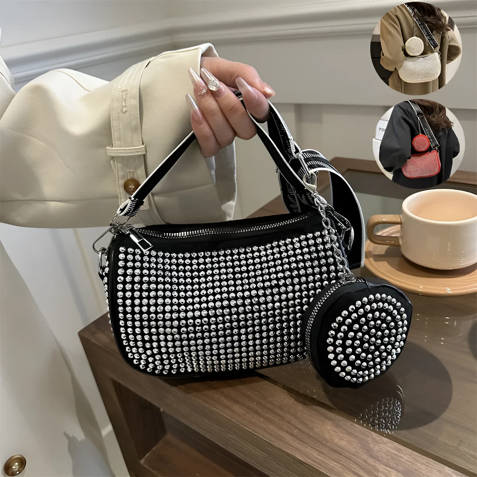 Rhinestone shoulder bag with small purse in black Oxford cloth for women