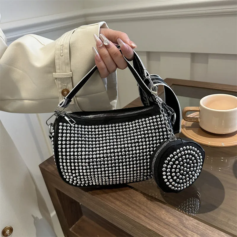 Rhinestone shoulder bag with small purse in black Oxford cloth for women