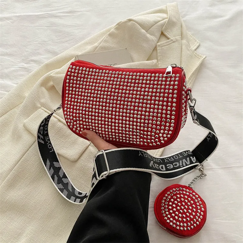 Rhinestone shoulder bag with small purse in black Oxford cloth for women