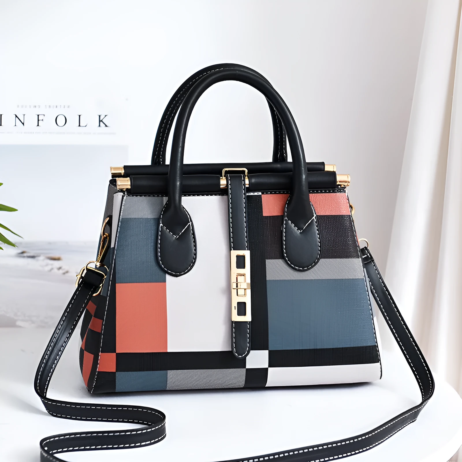 Women's large capacity PU leather Boston handbag in horizontal square shape with soft handle and belt decoration