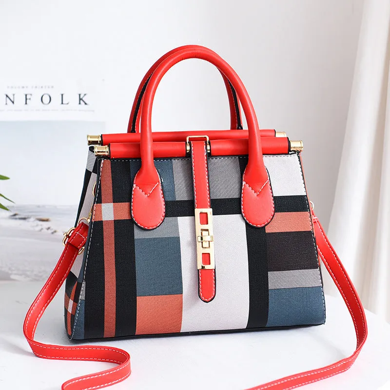 Women's large capacity PU leather Boston handbag in horizontal square shape with soft handle and belt decoration